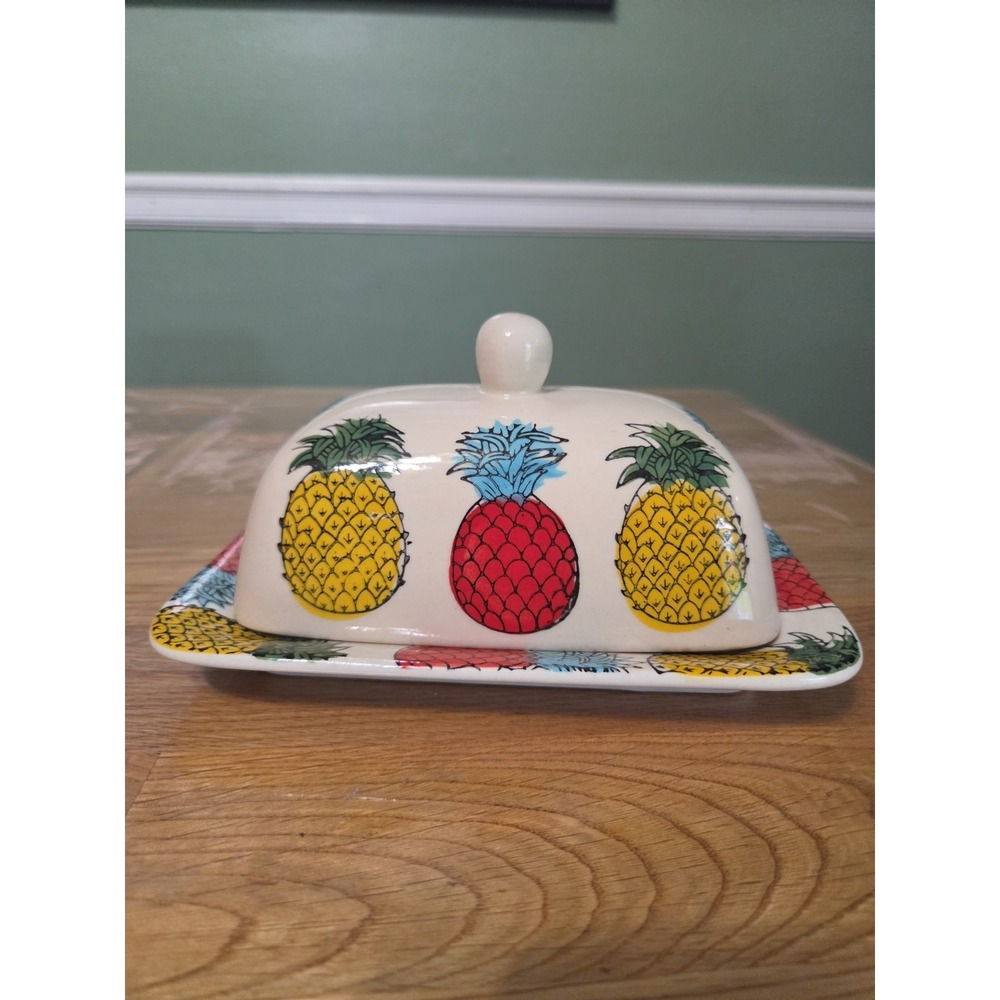 Signature Housewares Stoneware Modern Red & Yellow Pineapple Double Butter Dish